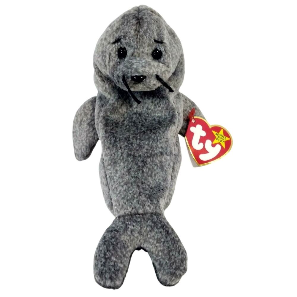 Vintage 1998 Ty Beanie Baby Slippery‎ the Seal Holographic Grey Beanie Plush